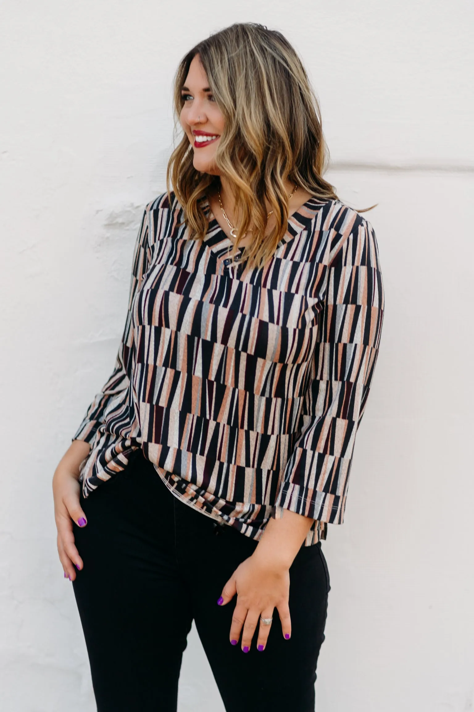 Multiples: 3/4 Flare Sleeve 2-Button V-Neck Band Print Hatchi Knit Top M44207TM - 969 Multi
