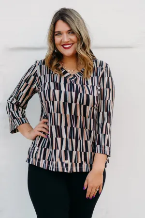Multiples: 3/4 Flare Sleeve 2-Button V-Neck Band Print Hatchi Knit Top M44207TM - 969 Multi