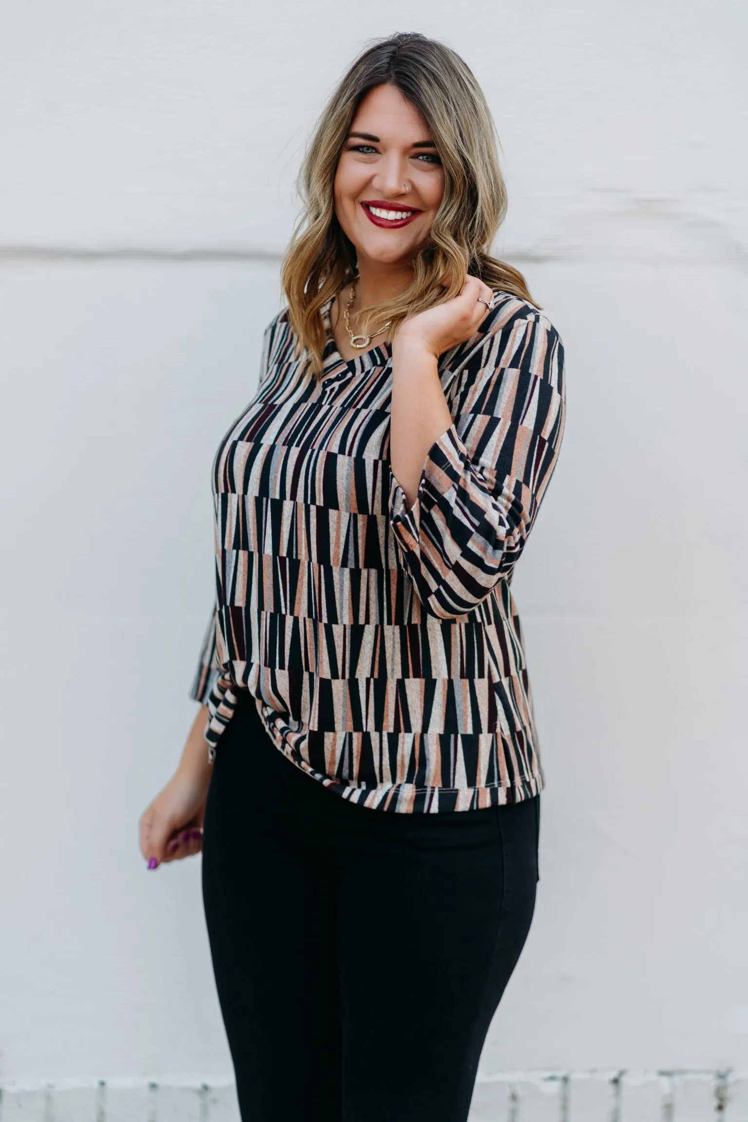 Multiples: 3/4 Flare Sleeve 2-Button V-Neck Band Print Hatchi Knit Top M44207TM - 969 Multi