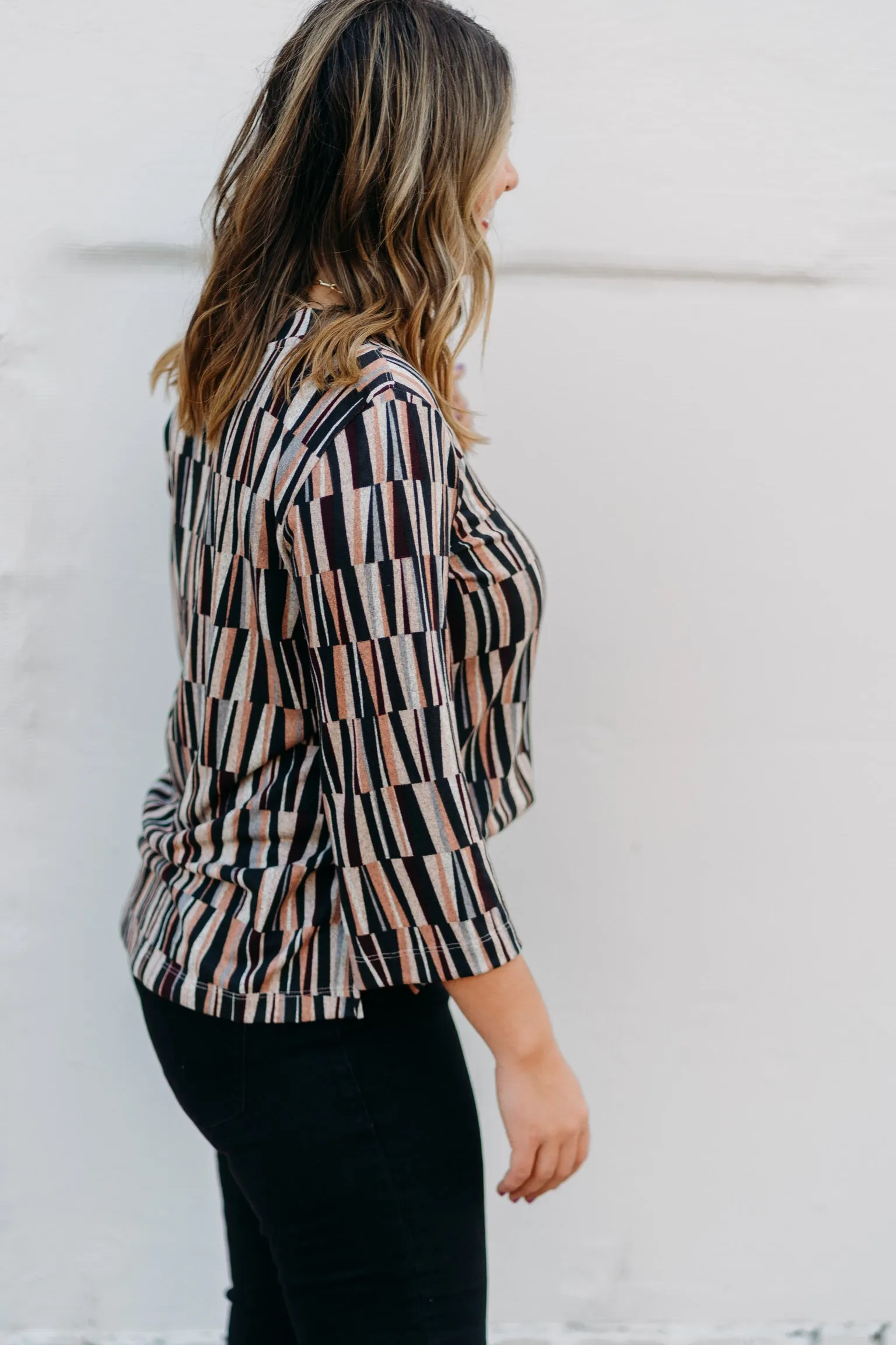 Multiples: 3/4 Flare Sleeve 2-Button V-Neck Band Print Hatchi Knit Top M44207TM - 969 Multi