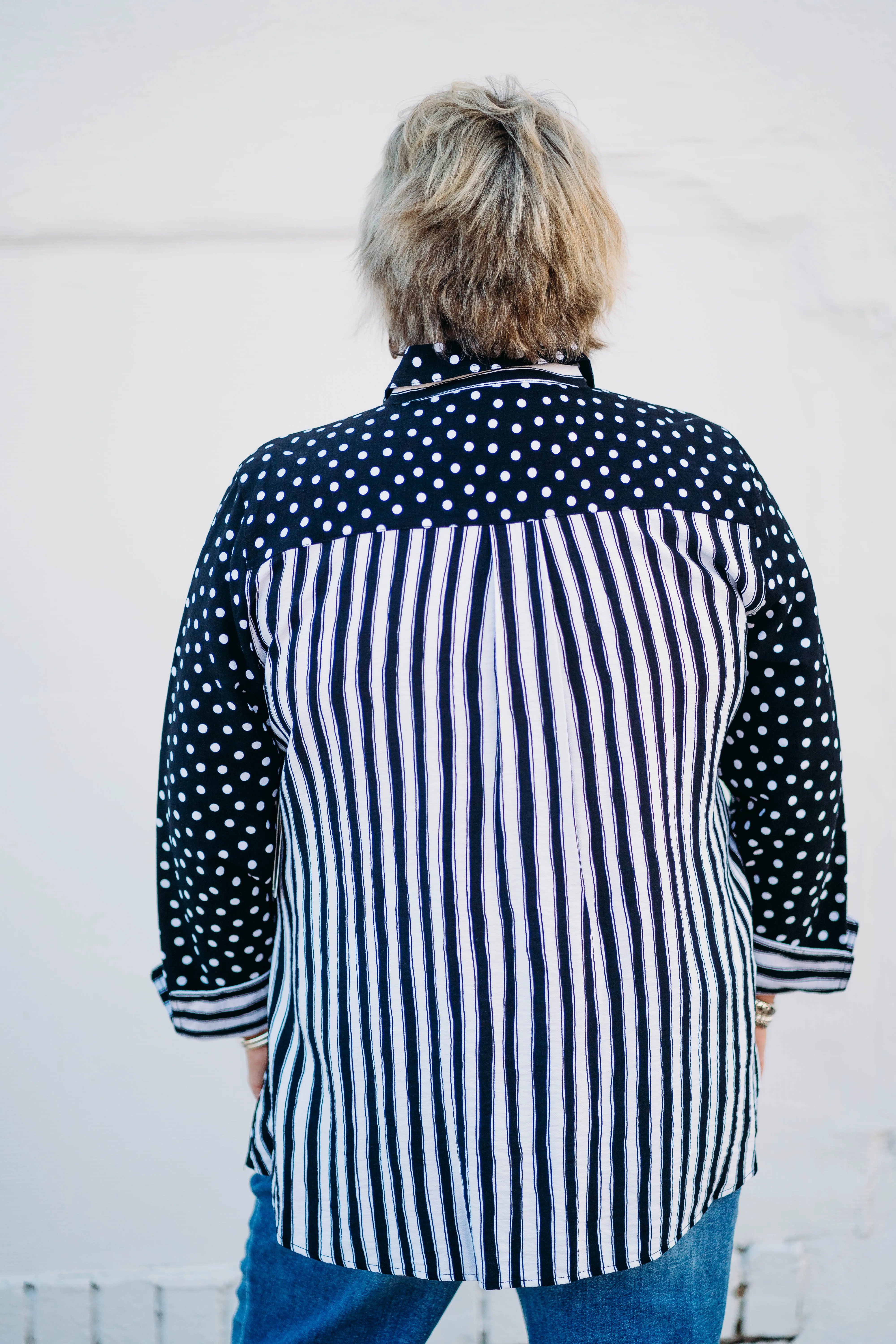 Multiples: Turn-Up Cuff 3/4 Sleeve Shirt in Black M15609BM