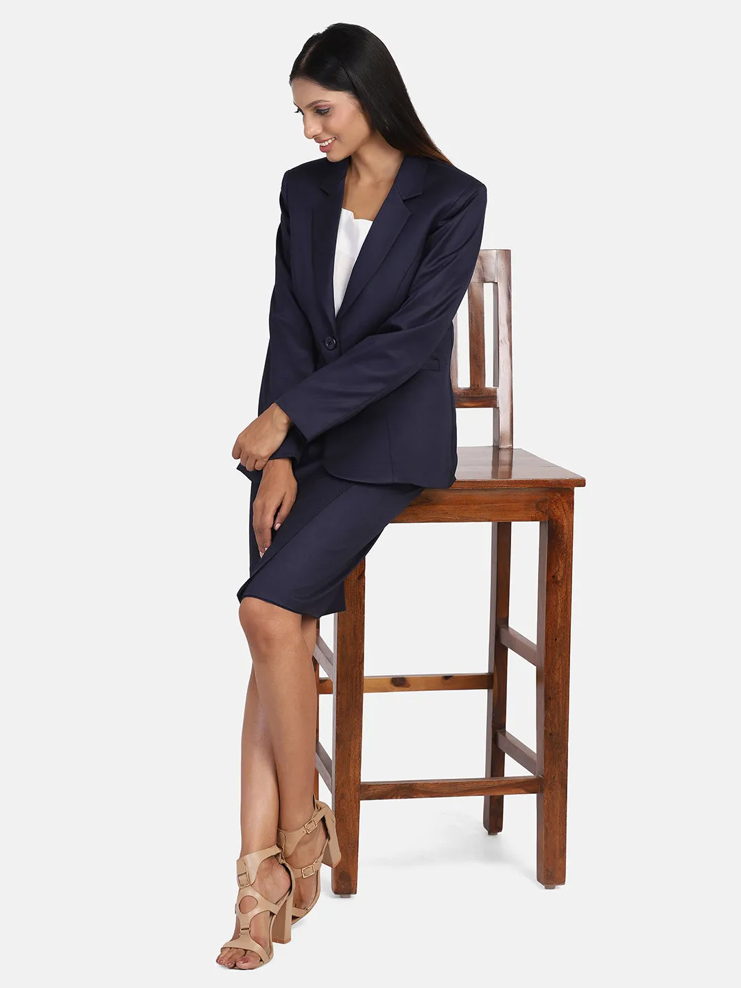 Navy Blue Poly Cotton Blend Polyester Blazer ONLY