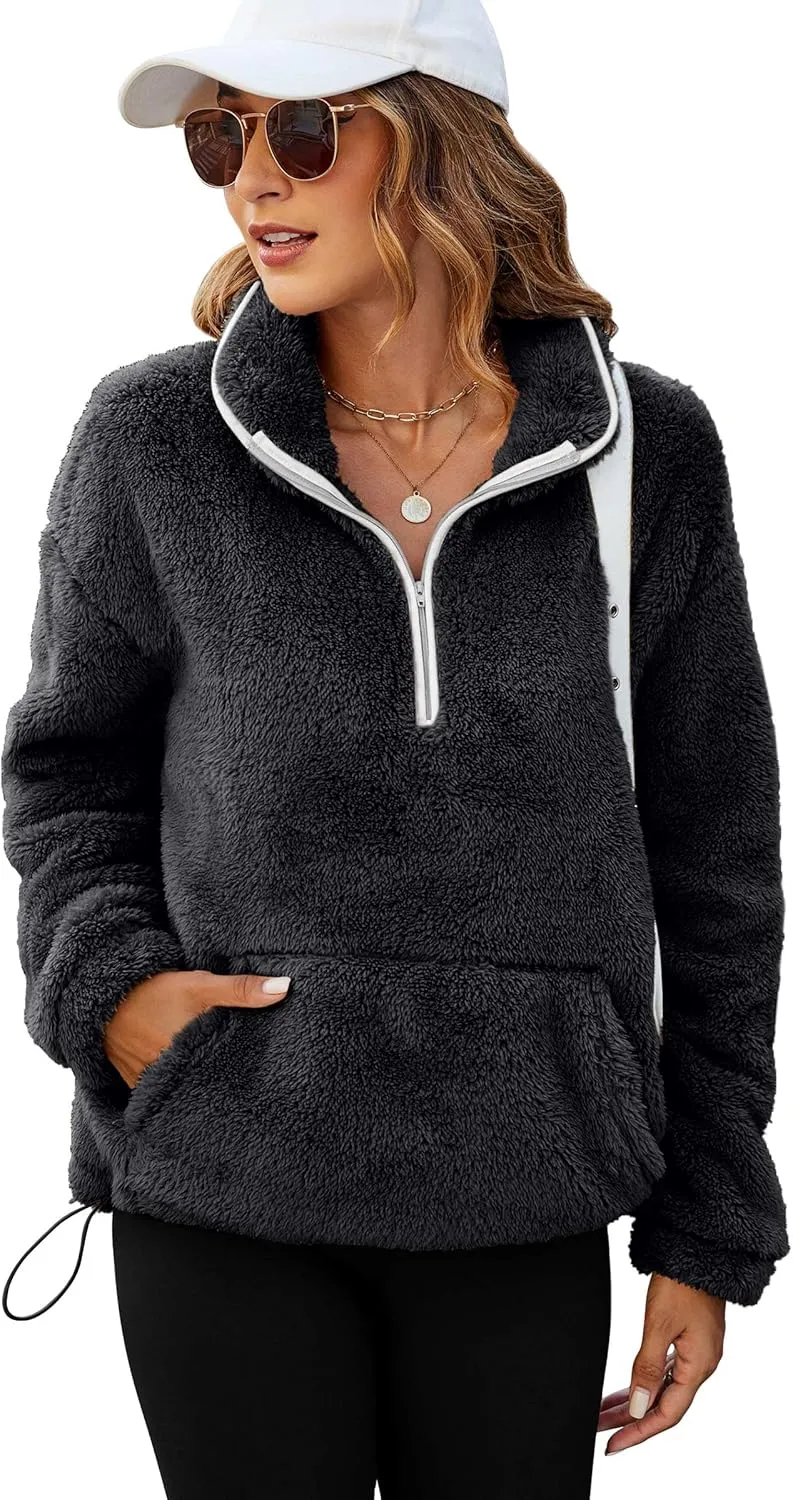 Neineiwu Womens Half Zip Fleece Pullover Fuzzy Oversized Sweatshirts Sherpa Polar Long Sleeve Hoodies With Pockets