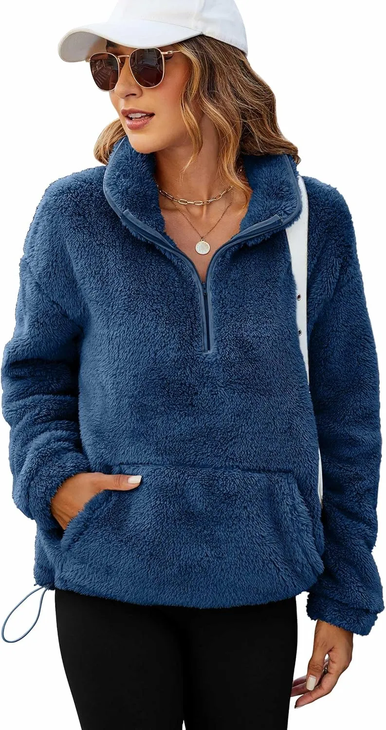 Neineiwu Womens Half Zip Fleece Pullover Fuzzy Oversized Sweatshirts Sherpa Polar Long Sleeve Hoodies With Pockets