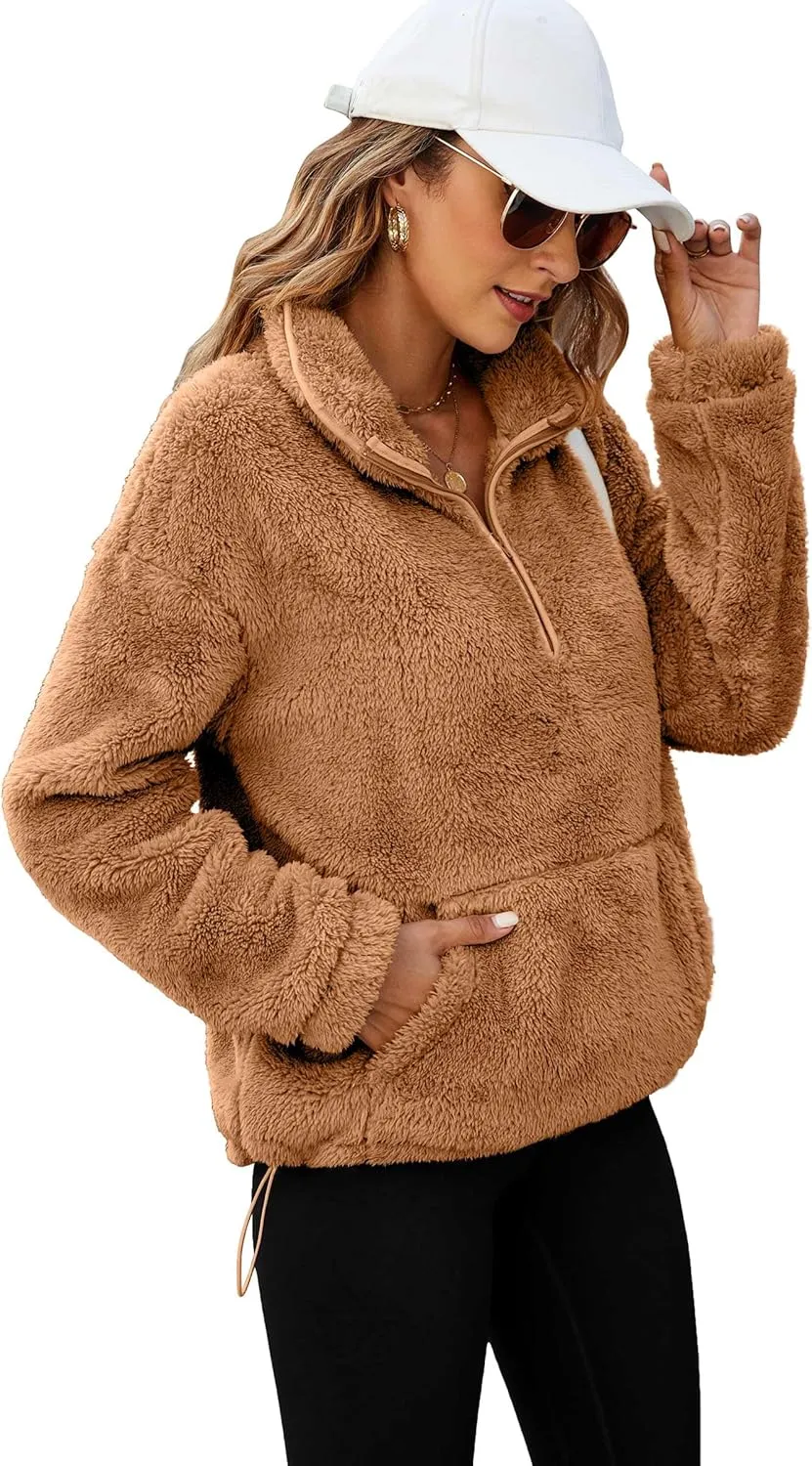 Neineiwu Womens Half Zip Fleece Pullover Fuzzy Oversized Sweatshirts Sherpa Polar Long Sleeve Hoodies With Pockets