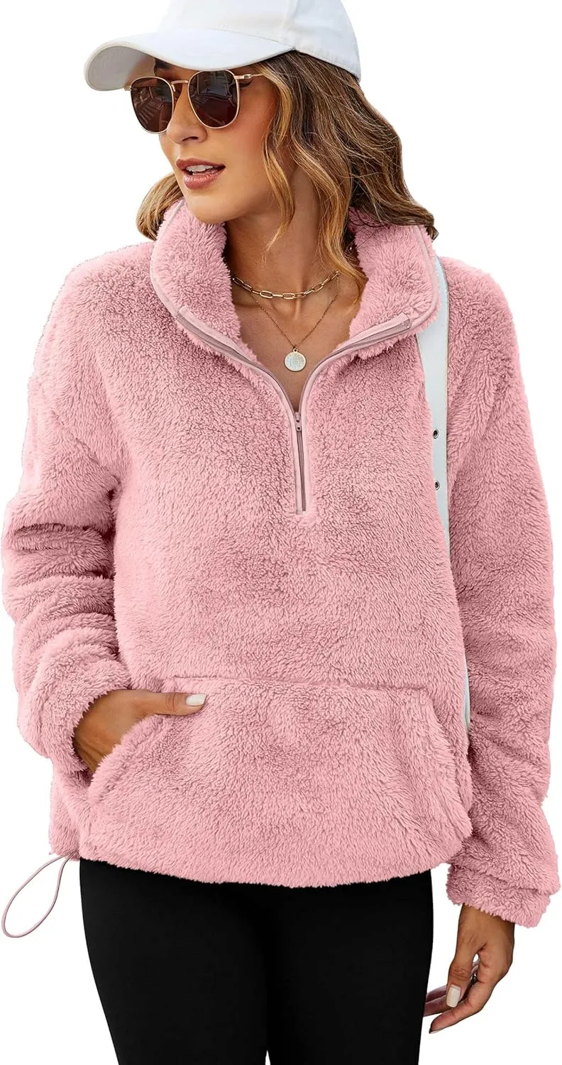 Neineiwu Womens Half Zip Fleece Pullover Fuzzy Oversized Sweatshirts Sherpa Polar Long Sleeve Hoodies With Pockets