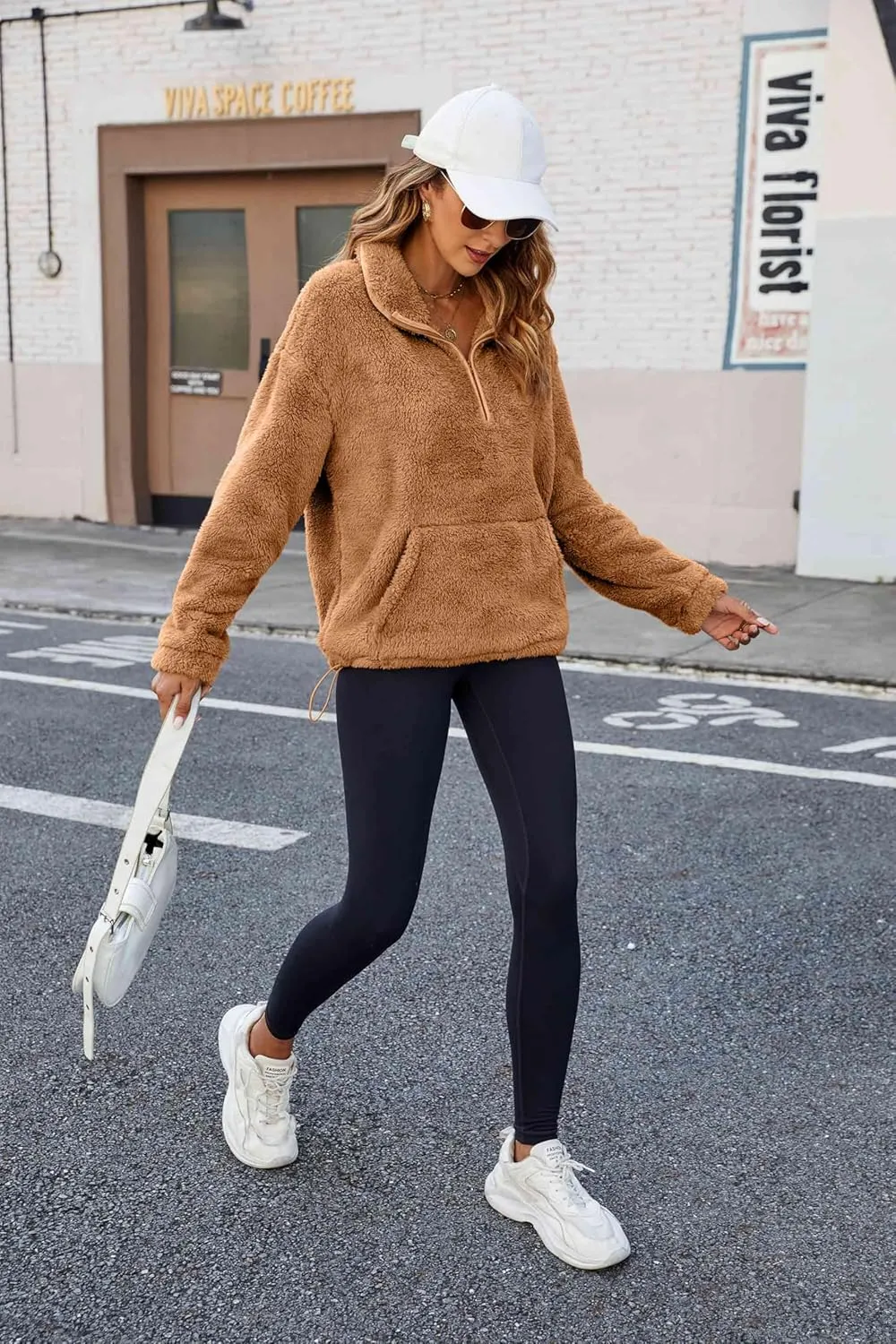Neineiwu Womens Half Zip Fleece Pullover Fuzzy Oversized Sweatshirts Sherpa Polar Long Sleeve Hoodies With Pockets