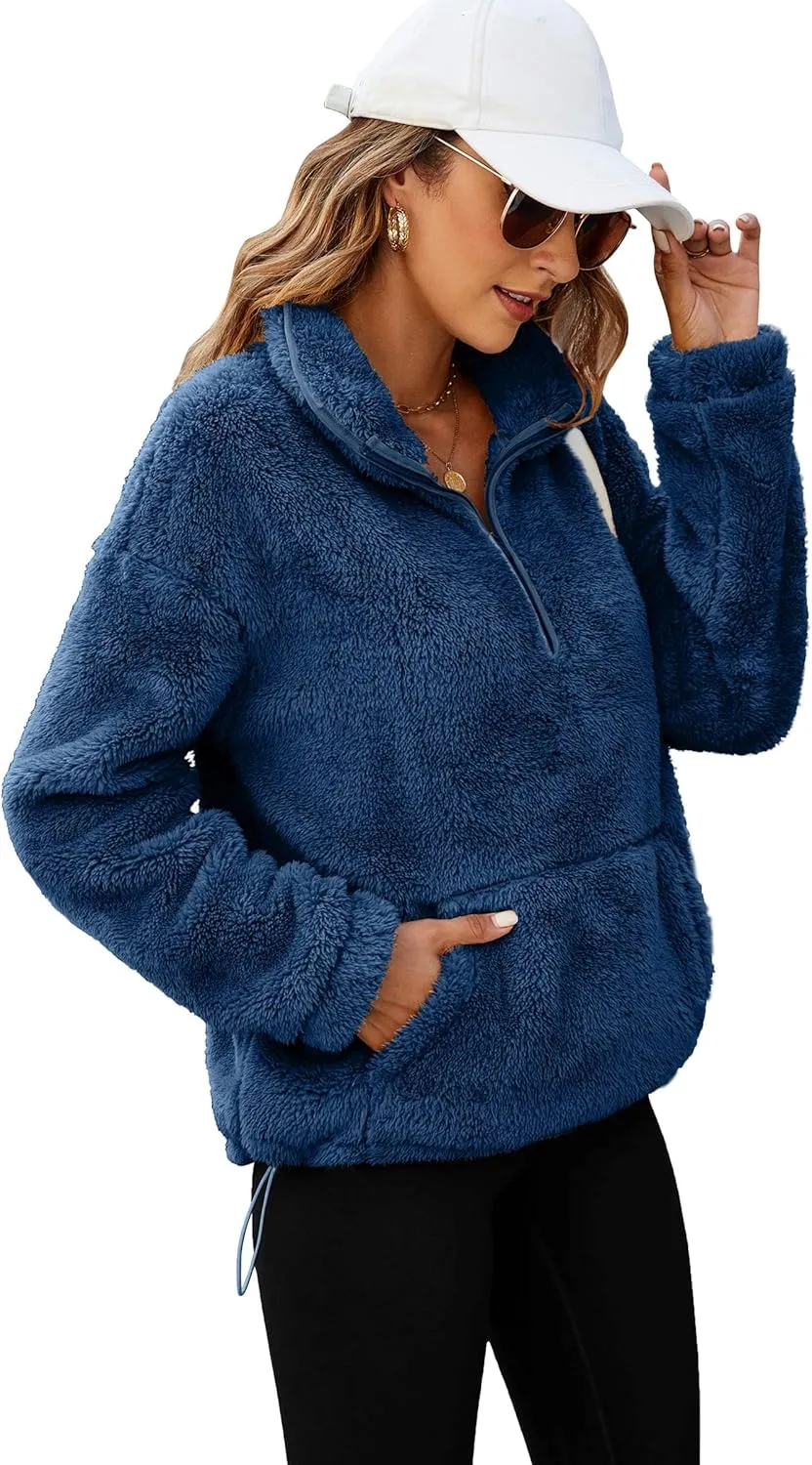 Neineiwu Womens Half Zip Fleece Pullover Fuzzy Oversized Sweatshirts Sherpa Polar Long Sleeve Hoodies With Pockets