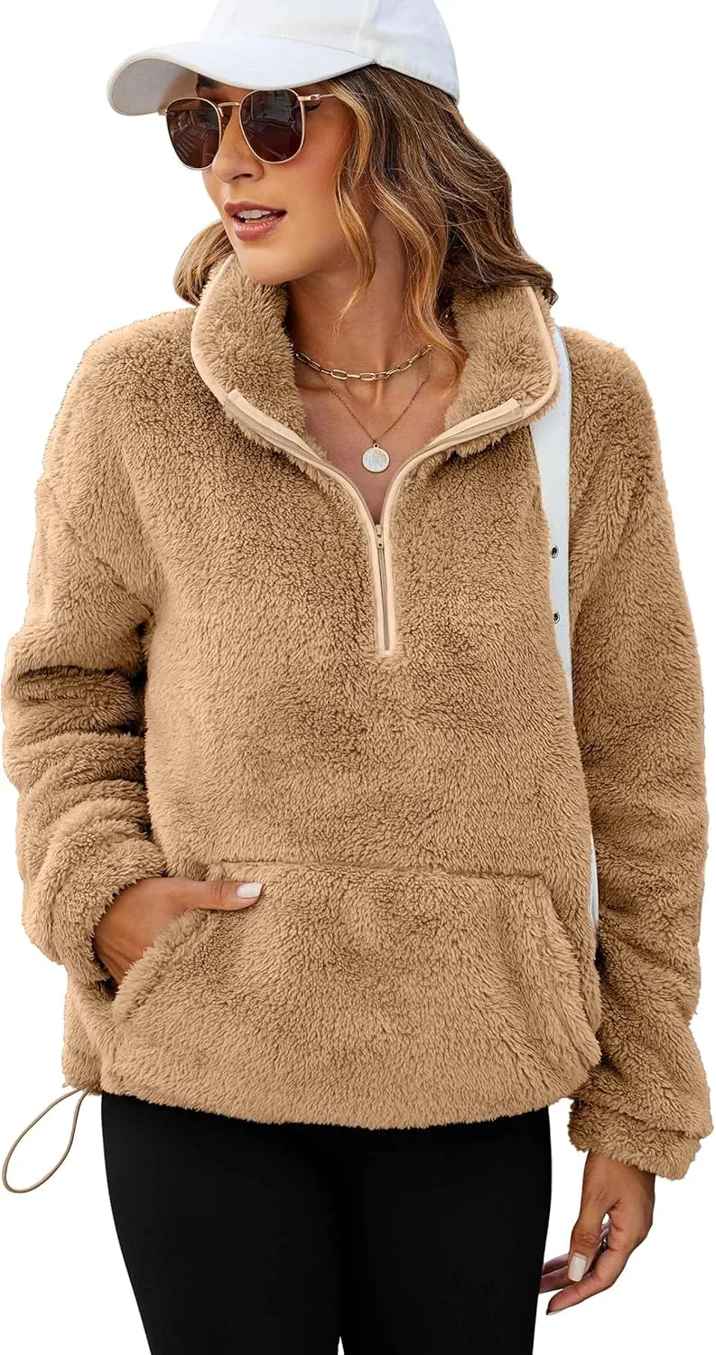 Neineiwu Womens Half Zip Fleece Pullover Fuzzy Oversized Sweatshirts Sherpa Polar Long Sleeve Hoodies With Pockets