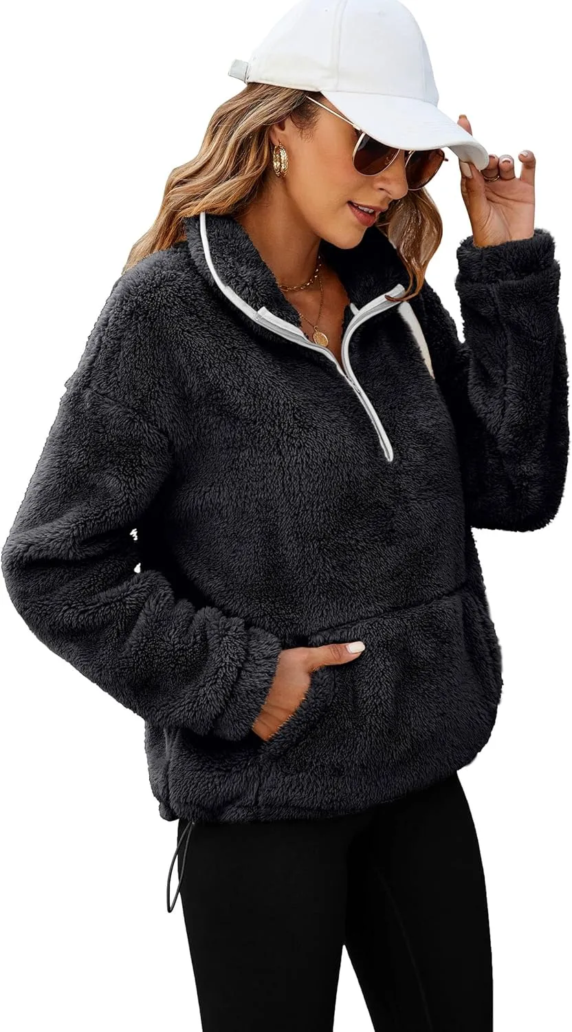Neineiwu Womens Half Zip Fleece Pullover Fuzzy Oversized Sweatshirts Sherpa Polar Long Sleeve Hoodies With Pockets