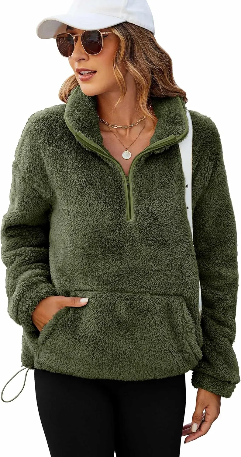 Neineiwu Womens Half Zip Fleece Pullover Fuzzy Oversized Sweatshirts Sherpa Polar Long Sleeve Hoodies With Pockets