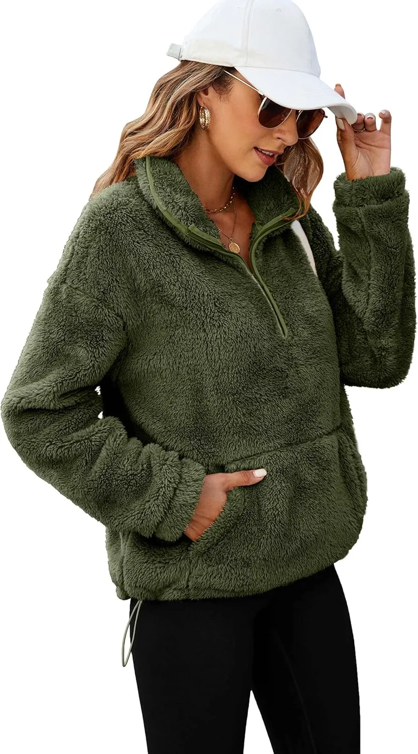 Neineiwu Womens Half Zip Fleece Pullover Fuzzy Oversized Sweatshirts Sherpa Polar Long Sleeve Hoodies With Pockets