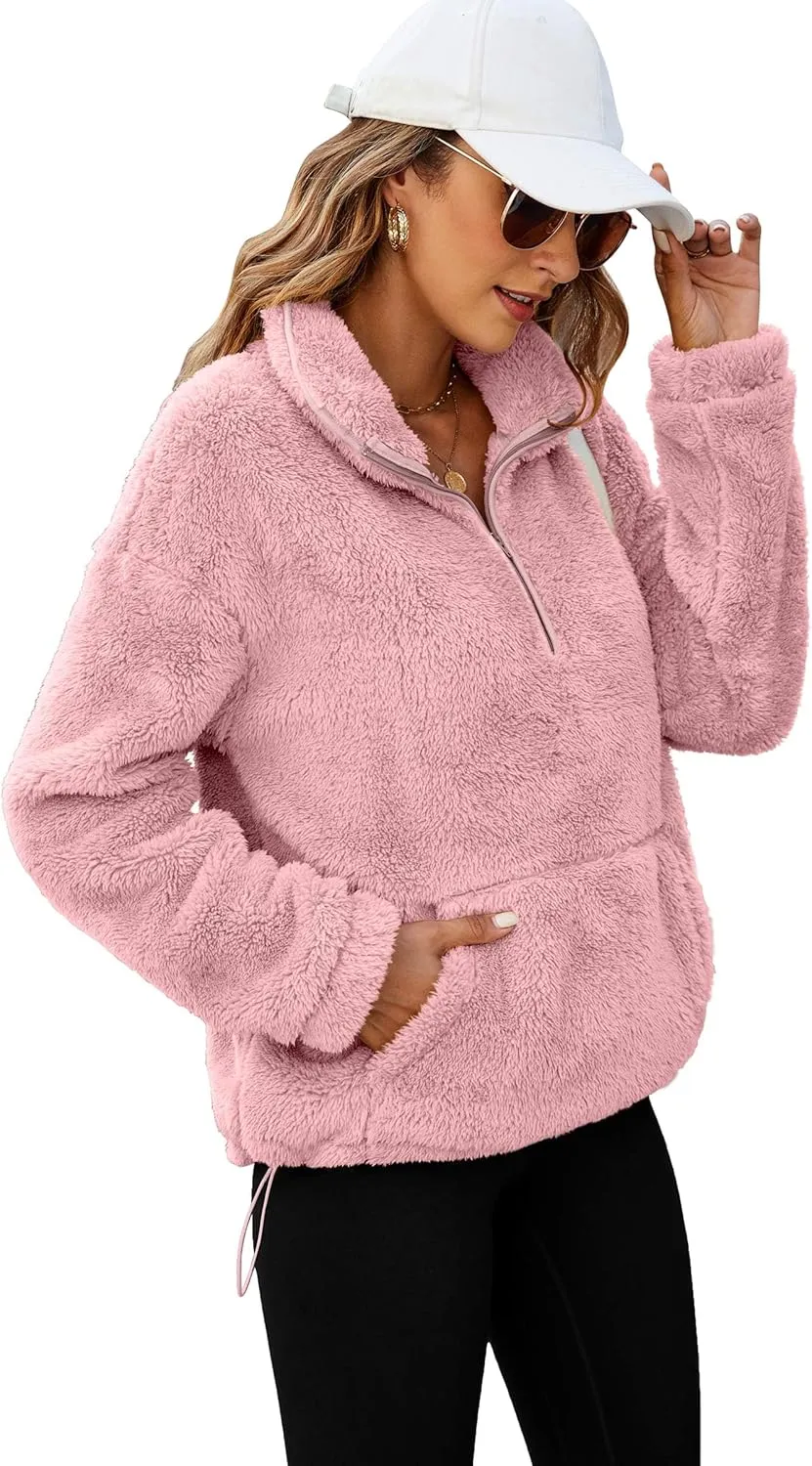 Neineiwu Womens Half Zip Fleece Pullover Fuzzy Oversized Sweatshirts Sherpa Polar Long Sleeve Hoodies With Pockets