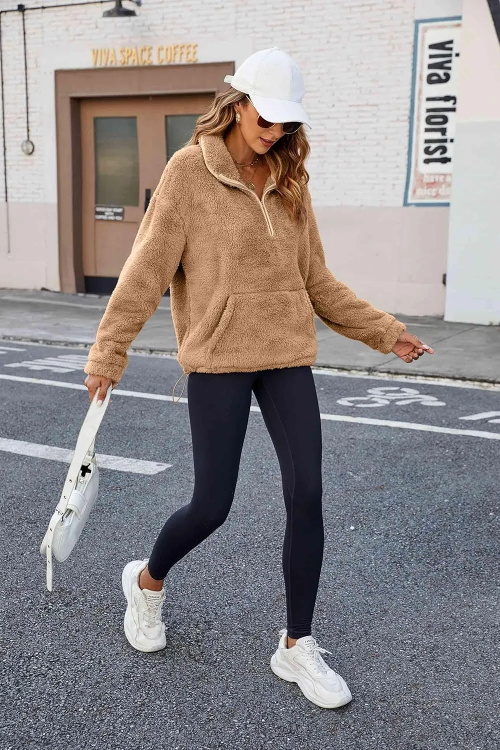Neineiwu Womens Half Zip Fleece Pullover Fuzzy Oversized Sweatshirts Sherpa Polar Long Sleeve Hoodies With Pockets