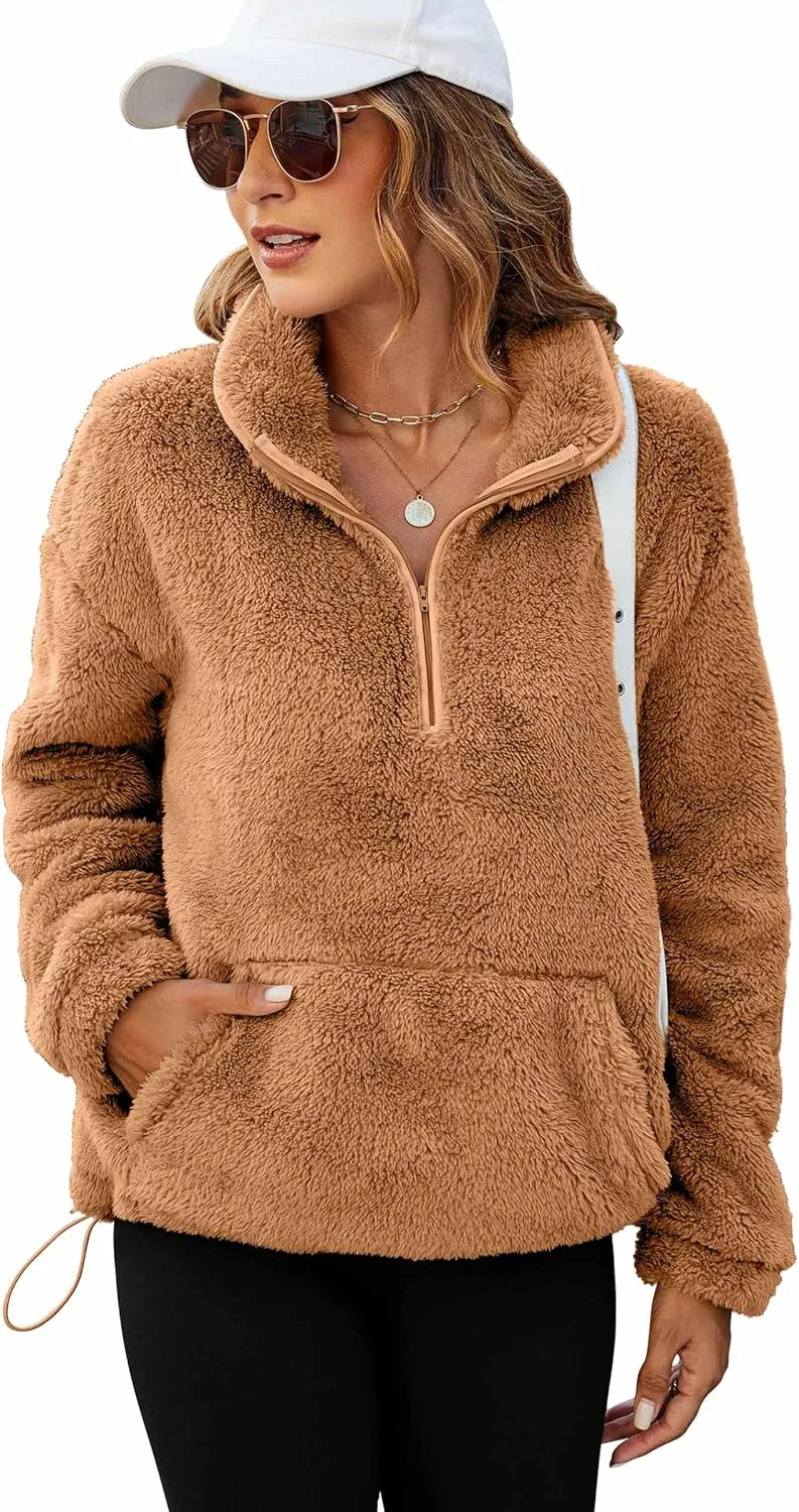 Neineiwu Womens Half Zip Fleece Pullover Fuzzy Oversized Sweatshirts Sherpa Polar Long Sleeve Hoodies With Pockets
