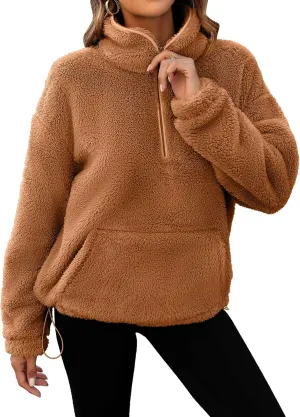 Neineiwu Womens Half Zip Fleece Pullover Fuzzy Oversized Sweatshirts Sherpa Polar Long Sleeve Hoodies With Pockets
