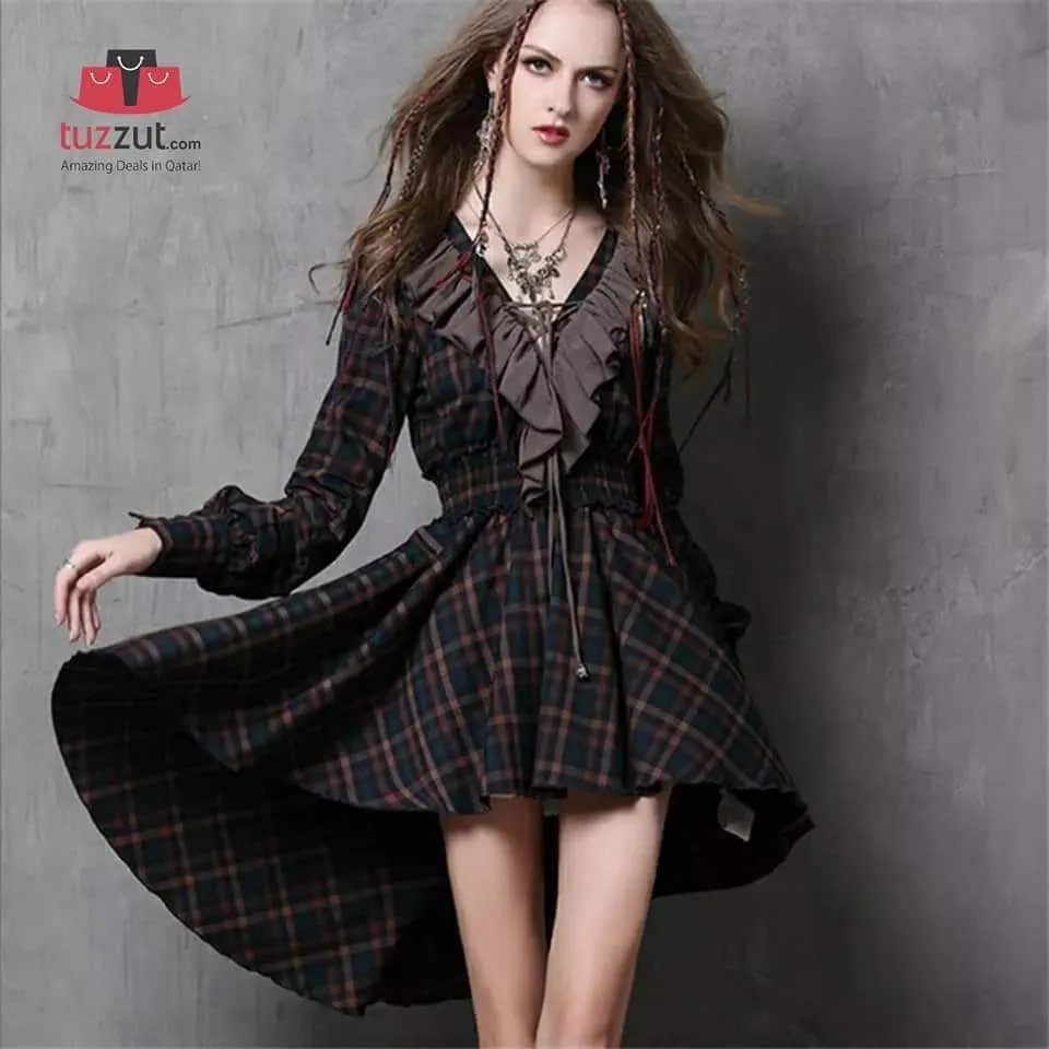 New Vintage Cotton Plaid Patchwork V-Neck Ruffles Asymmetrical Women Dresses - A6537