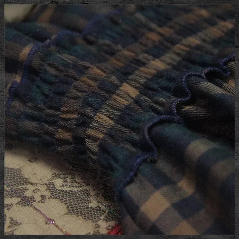New Vintage Cotton Plaid Patchwork V-Neck Ruffles Asymmetrical Women Dresses - A6537