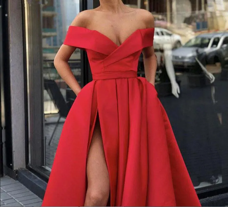 Off Shoulder Red/ Blue High Slit Prom Dresses, Off Shoulder Formal Dresses, Graduation Dresses