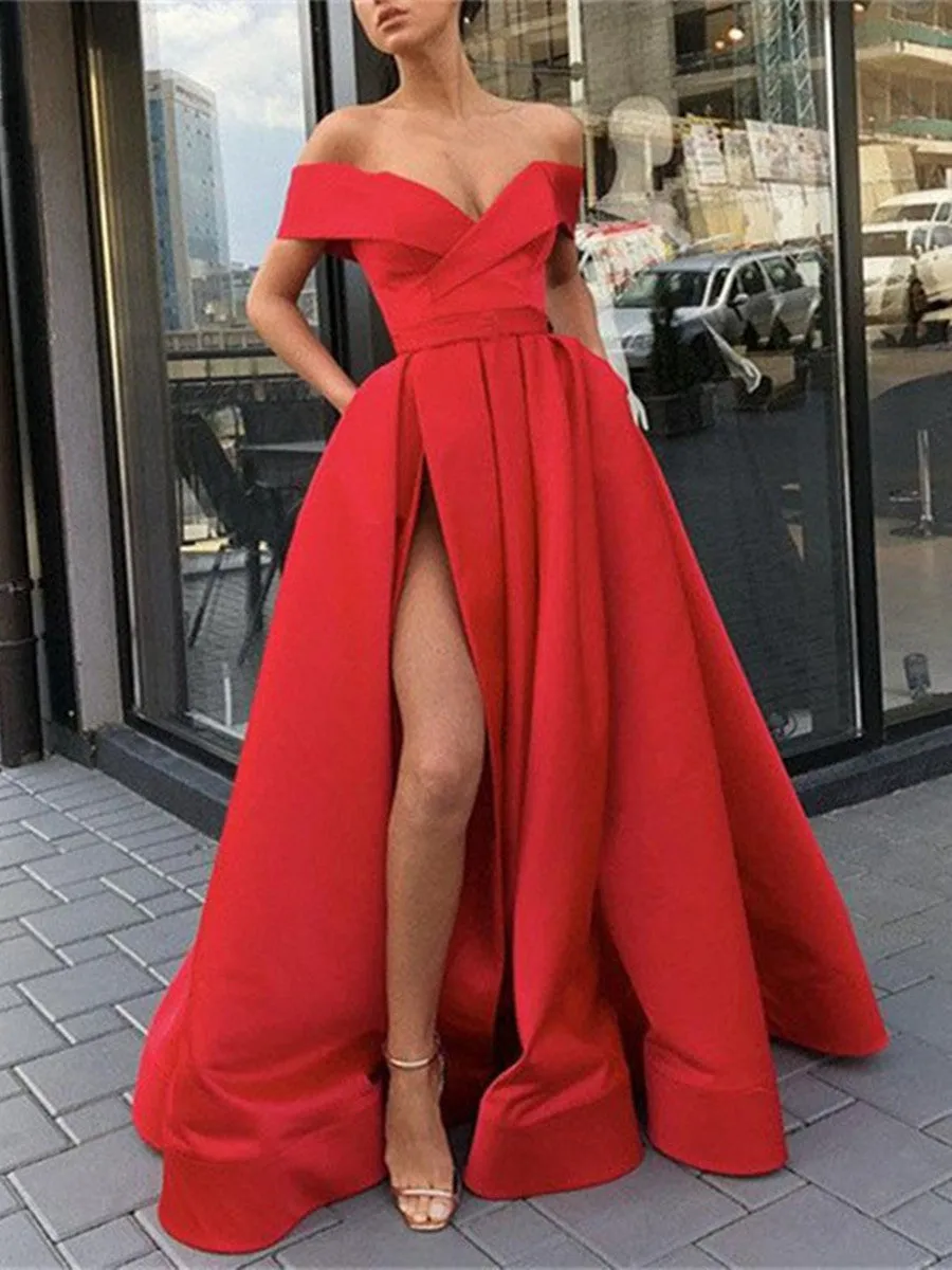 Off Shoulder Red/ Blue High Slit Prom Dresses, Off Shoulder Formal Dresses, Graduation Dresses