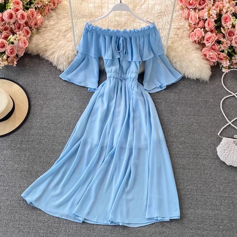 Off Shoulder Ruffled Chiffon Dress with Trumpet Sleeves Long Skirt 1324