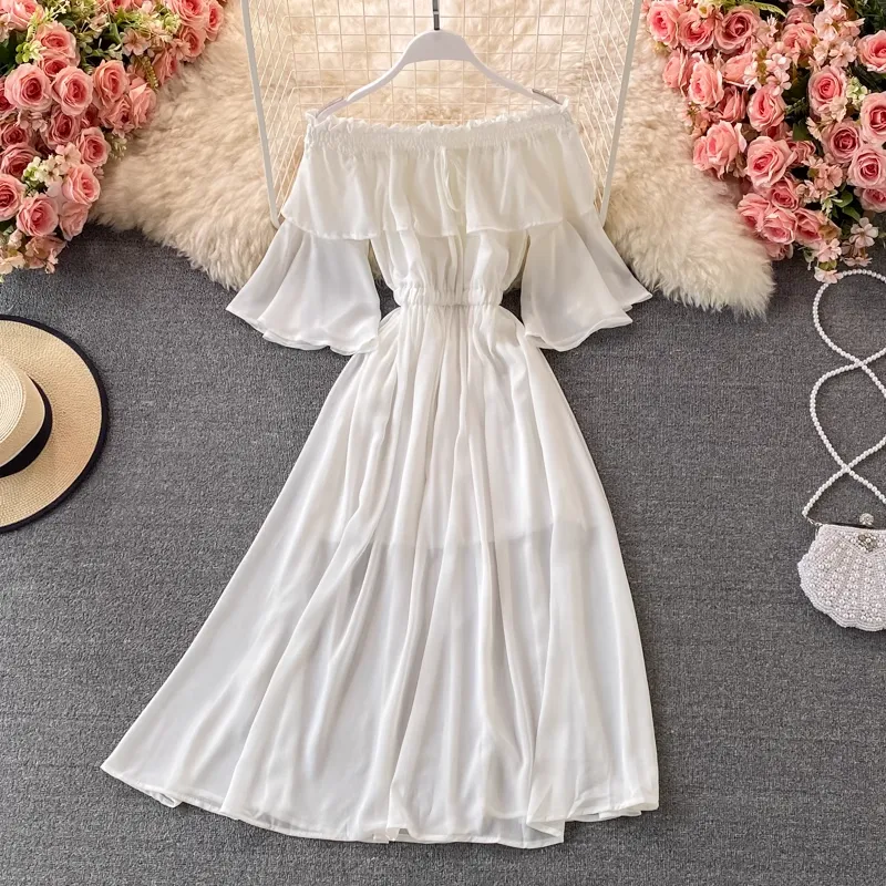 Off Shoulder Ruffled Chiffon Dress with Trumpet Sleeves Long Skirt 1324
