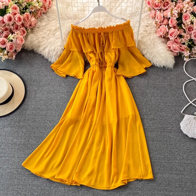 Off Shoulder Ruffled Chiffon Dress with Trumpet Sleeves Long Skirt 1324