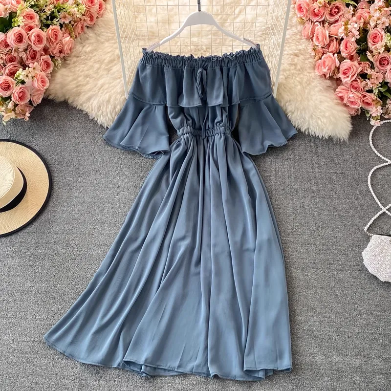Off Shoulder Ruffled Chiffon Dress with Trumpet Sleeves Long Skirt 1324