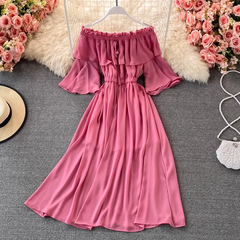 Off Shoulder Ruffled Chiffon Dress with Trumpet Sleeves Long Skirt 1324