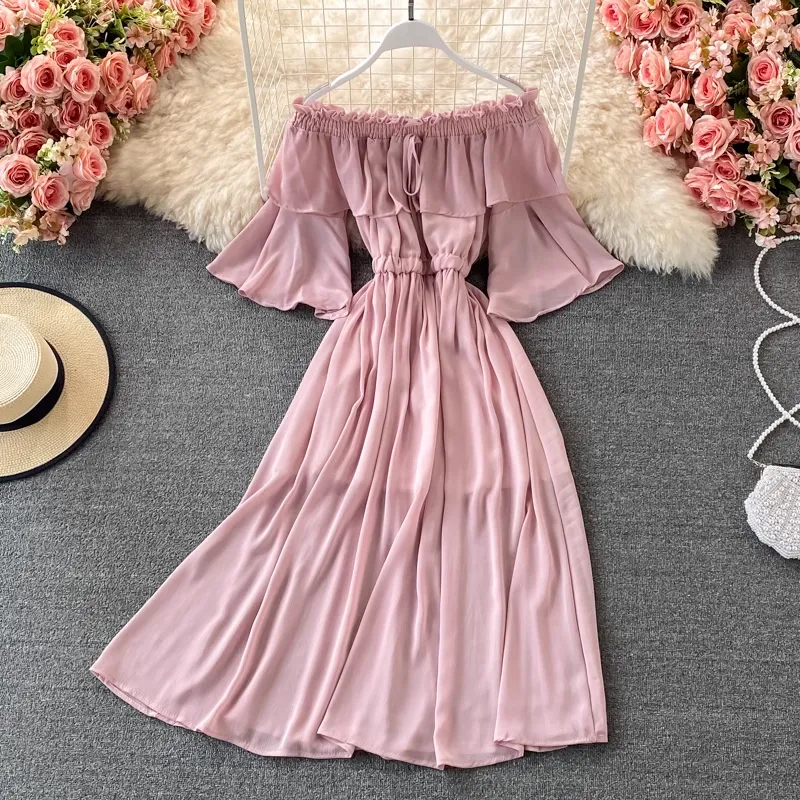 Off Shoulder Ruffled Chiffon Dress with Trumpet Sleeves Long Skirt 1324