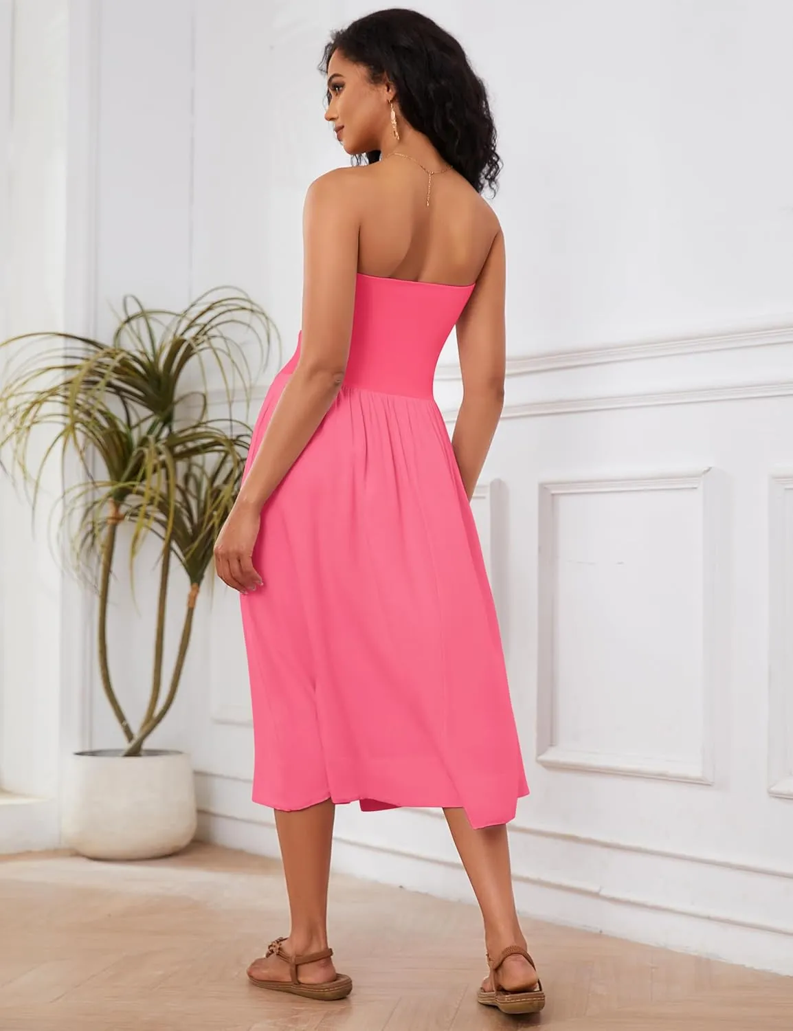 OLAPTA Women Strapless Tube Top Maxi Dresses Patchwork Casual Sleeveless Backless Dresses Swing Basic Solid Dress with Pocket