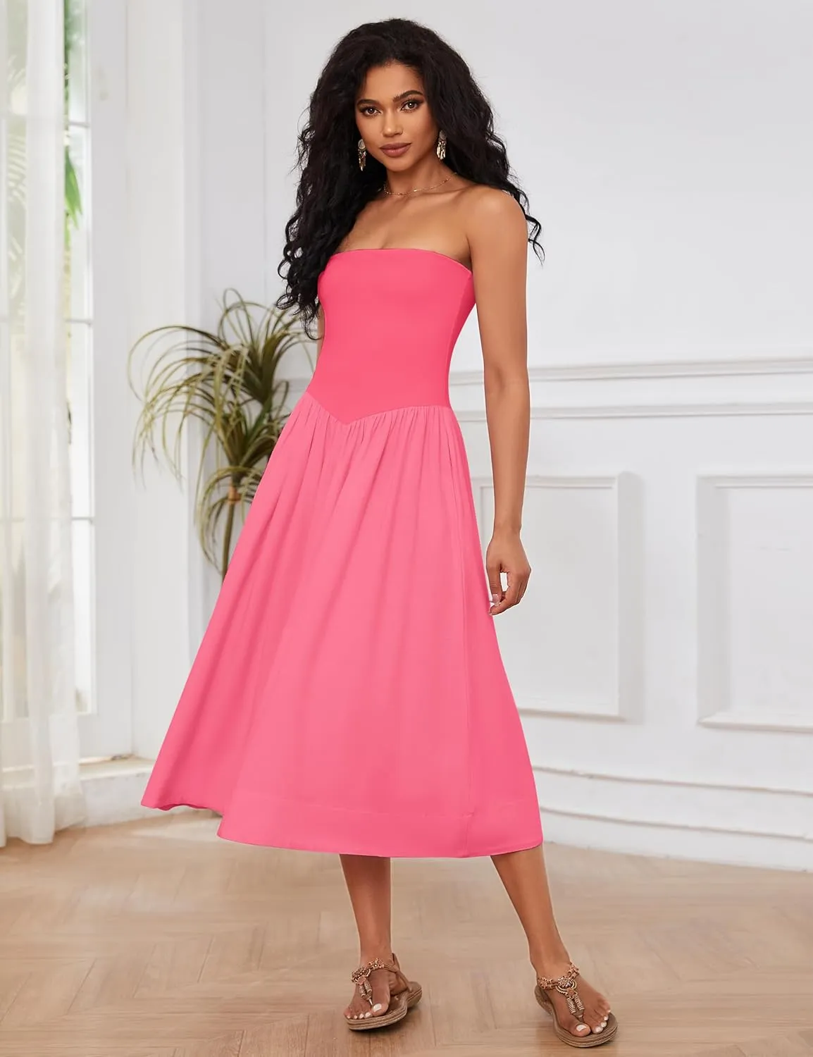 OLAPTA Women Strapless Tube Top Maxi Dresses Patchwork Casual Sleeveless Backless Dresses Swing Basic Solid Dress with Pocket
