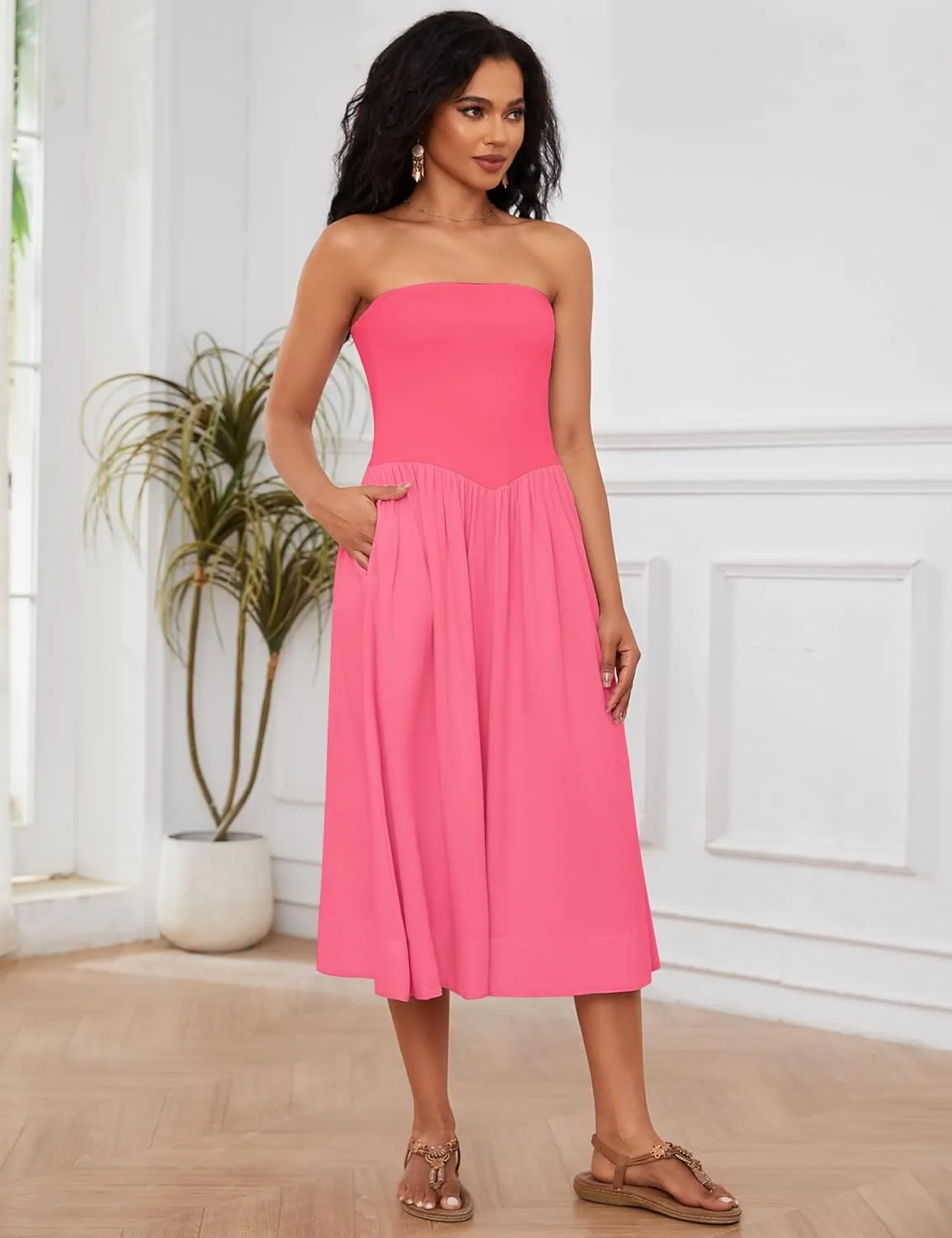 OLAPTA Women Strapless Tube Top Maxi Dresses Patchwork Casual Sleeveless Backless Dresses Swing Basic Solid Dress with Pocket