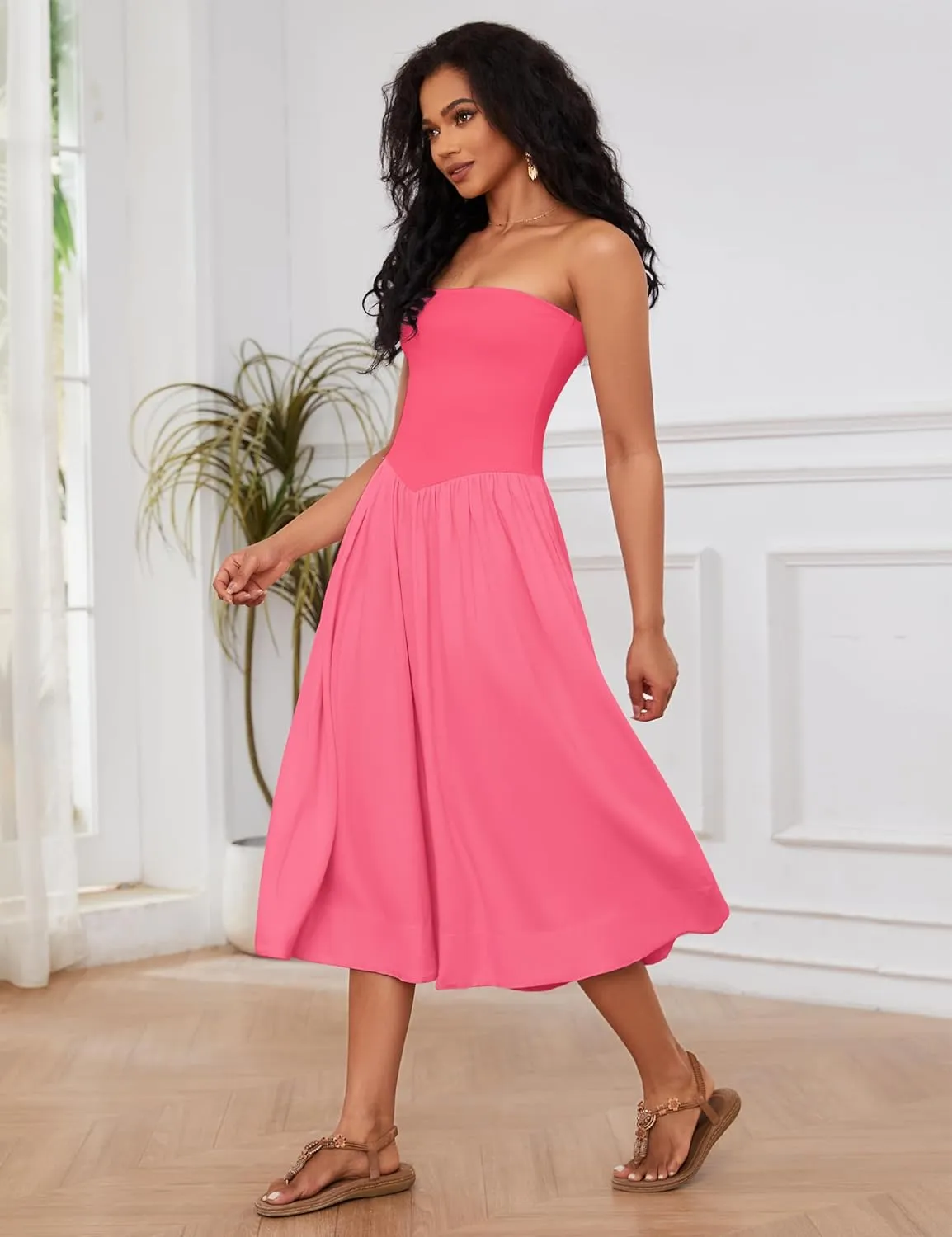 OLAPTA Women Strapless Tube Top Maxi Dresses Patchwork Casual Sleeveless Backless Dresses Swing Basic Solid Dress with Pocket