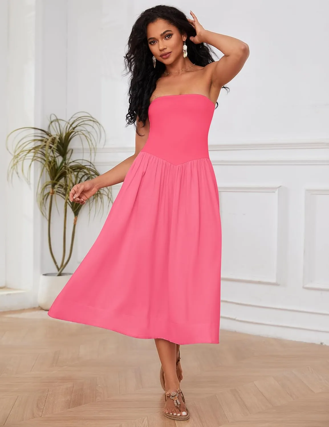 OLAPTA Women Strapless Tube Top Maxi Dresses Patchwork Casual Sleeveless Backless Dresses Swing Basic Solid Dress with Pocket