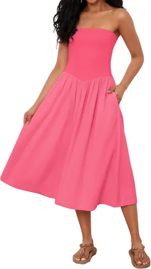 OLAPTA Women Strapless Tube Top Maxi Dresses Patchwork Casual Sleeveless Backless Dresses Swing Basic Solid Dress with Pocket