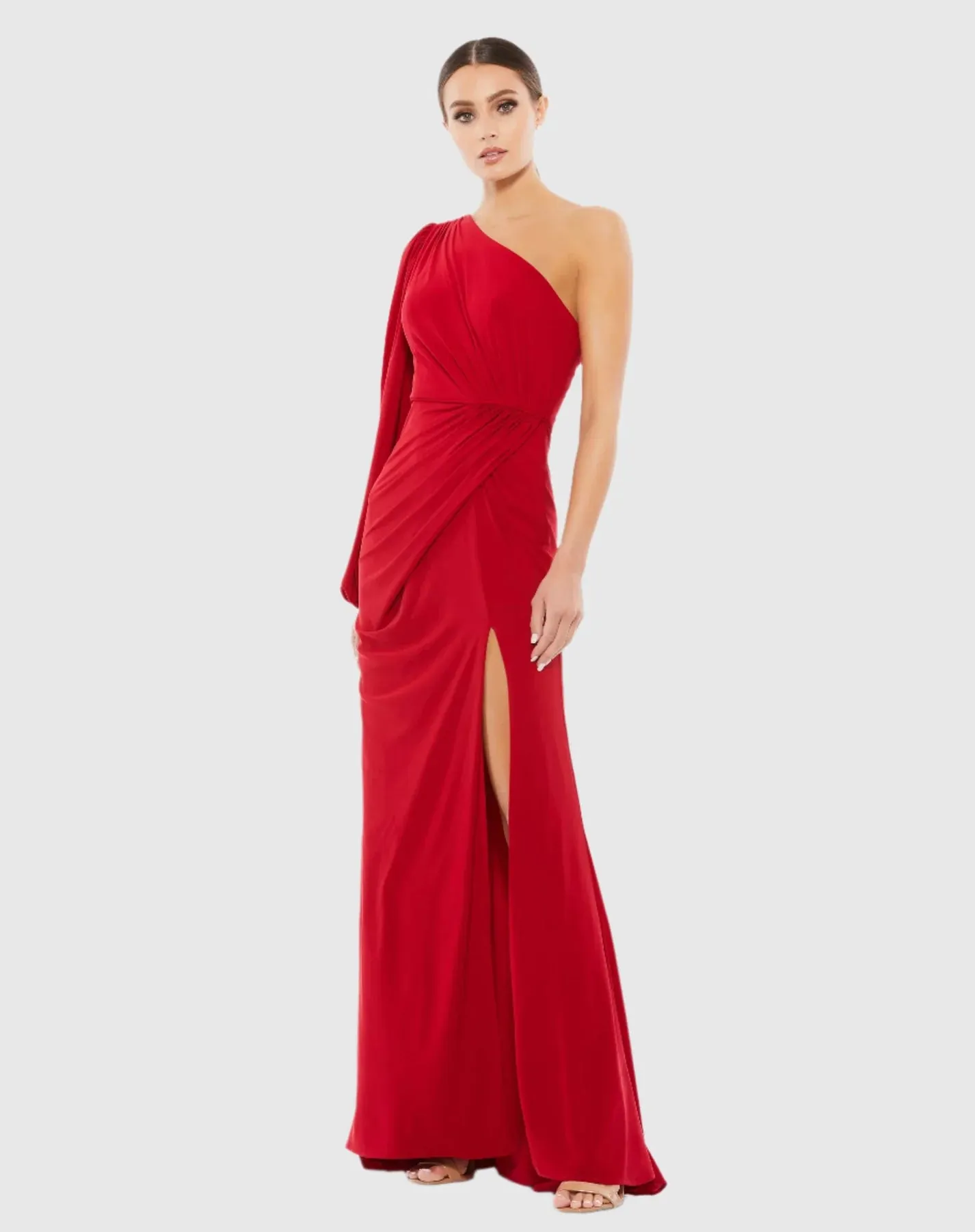 One shoulder puff sleeve wrap gown - Red