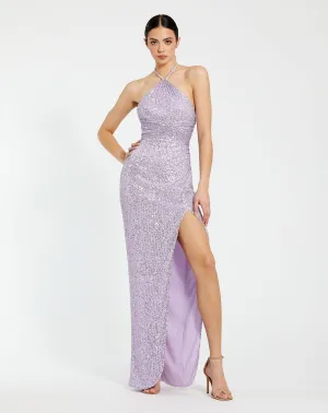 One shoulder ruched side front slit sequin gown - Lilac