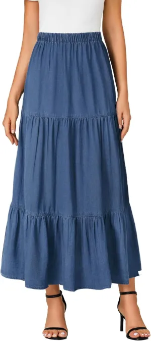 OPOIPIN Women's Elastic High Waist Tiered Ruffle A Line Swing Denim Long Skirt