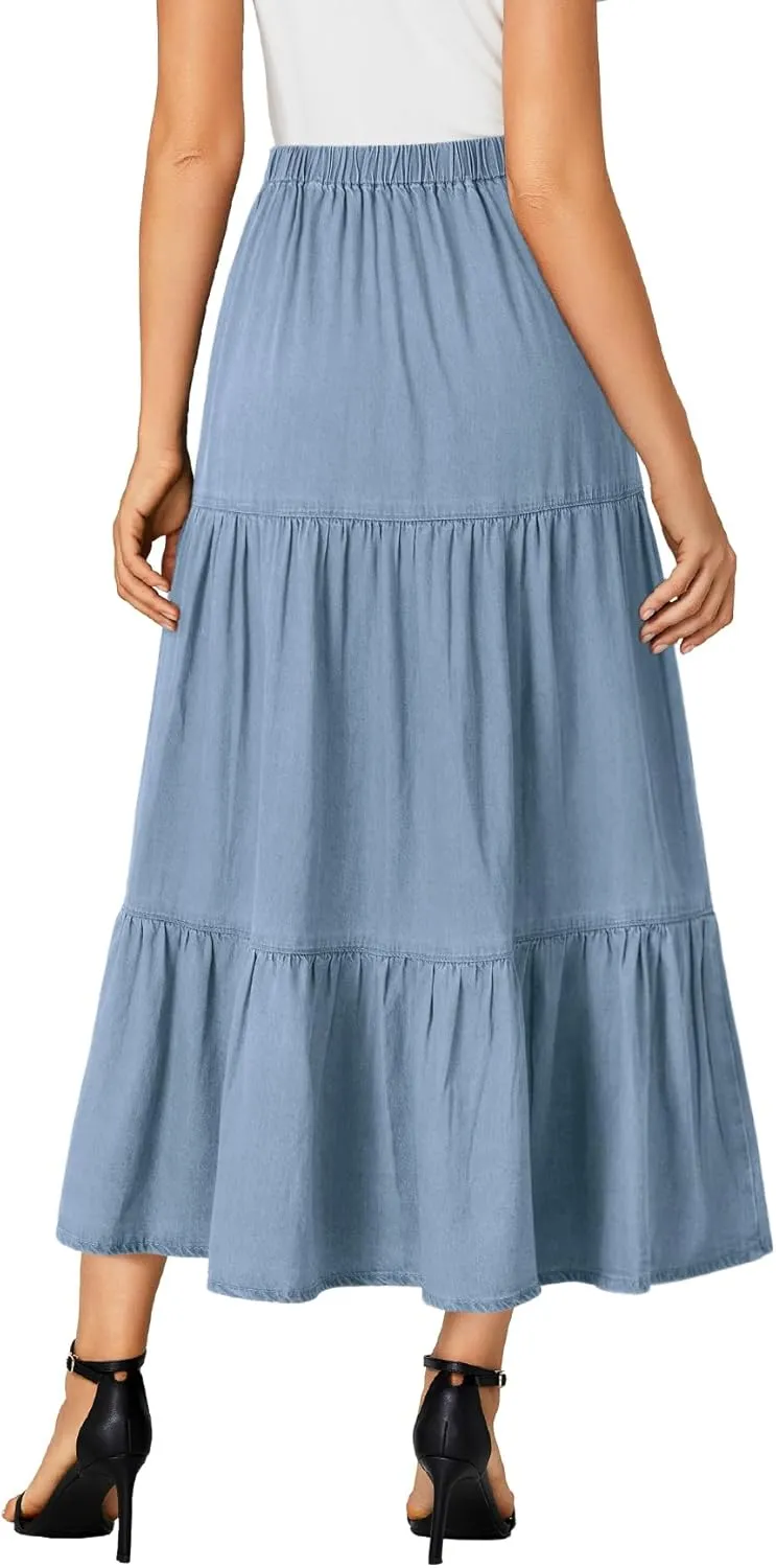 OPOIPIN Women's Elastic High Waist Tiered Ruffle A Line Swing Denim Long Skirt