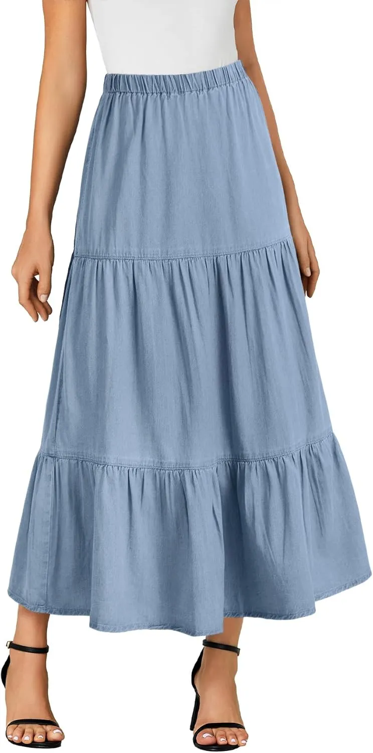 OPOIPIN Women's Elastic High Waist Tiered Ruffle A Line Swing Denim Long Skirt