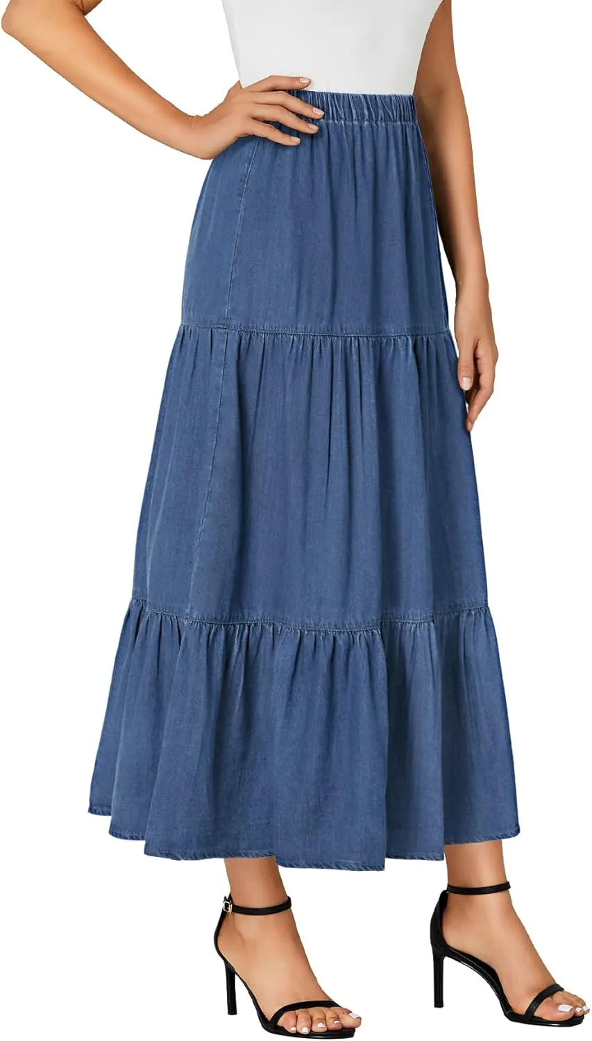 OPOIPIN Women's Elastic High Waist Tiered Ruffle A Line Swing Denim Long Skirt