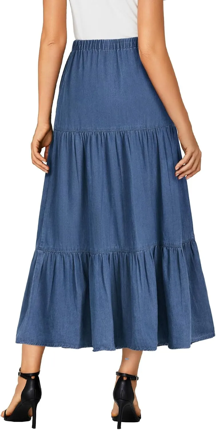 OPOIPIN Women's Elastic High Waist Tiered Ruffle A Line Swing Denim Long Skirt