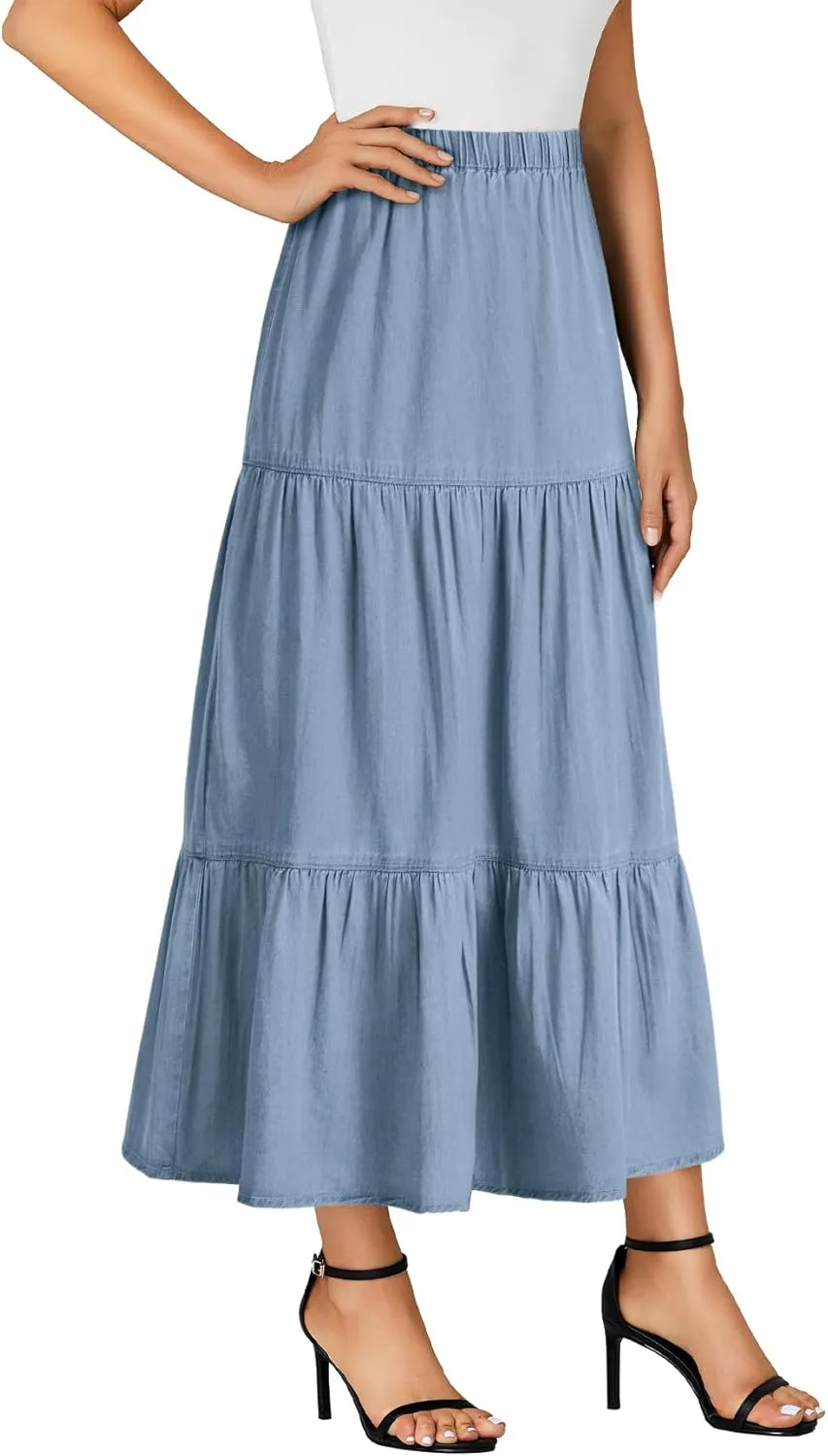 OPOIPIN Women's Elastic High Waist Tiered Ruffle A Line Swing Denim Long Skirt