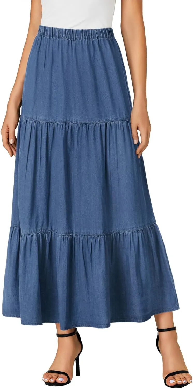 OPOIPIN Women's Elastic High Waist Tiered Ruffle A Line Swing Denim Long Skirt