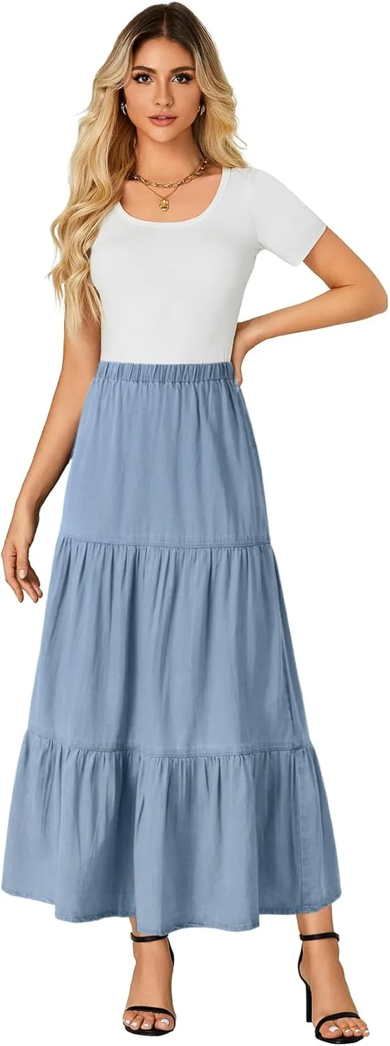 OPOIPIN Women's Elastic High Waist Tiered Ruffle A Line Swing Denim Long Skirt