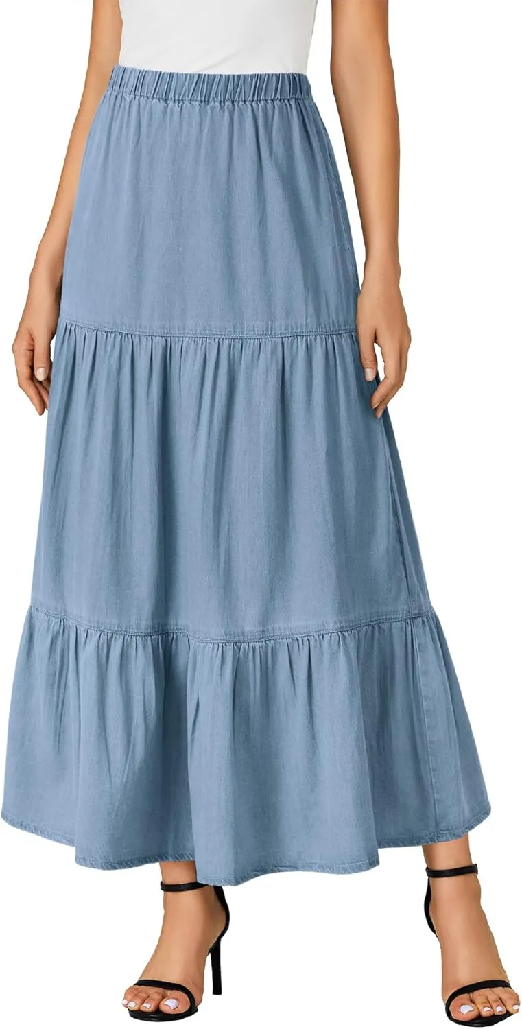 OPOIPIN Women's Elastic High Waist Tiered Ruffle A Line Swing Denim Long Skirt
