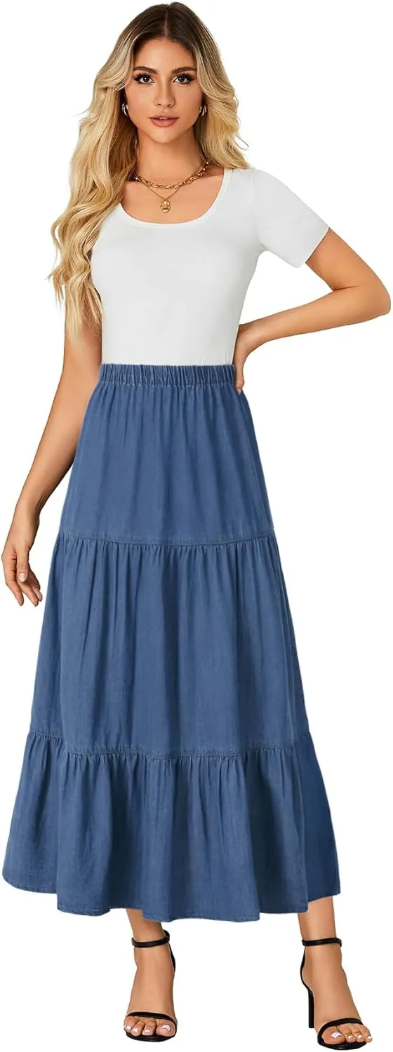 OPOIPIN Women's Elastic High Waist Tiered Ruffle A Line Swing Denim Long Skirt