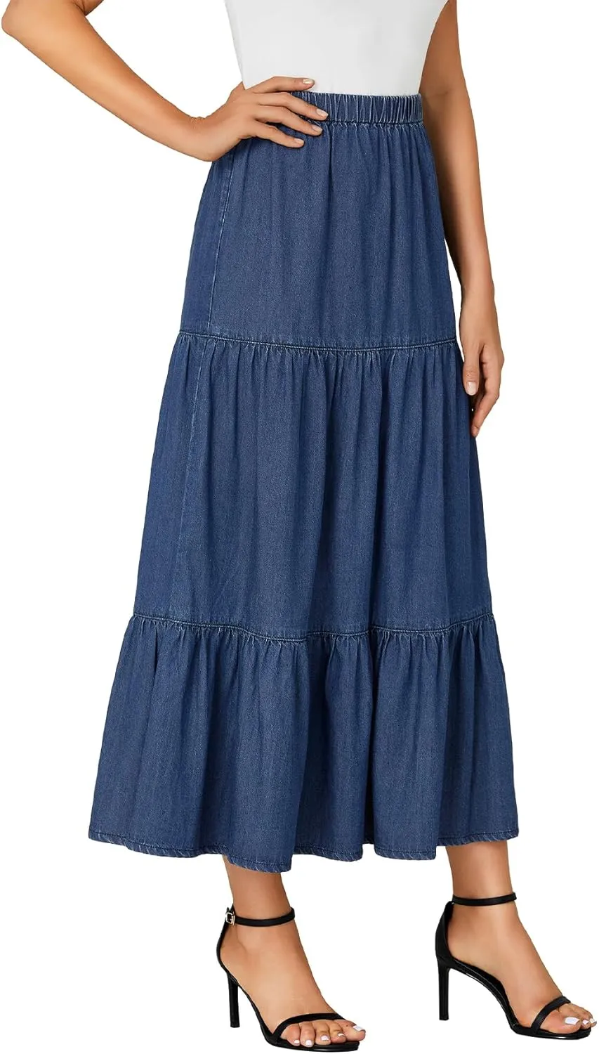 OPOIPIN Women's Elastic High Waist Tiered Ruffle A Line Swing Denim Long Skirt