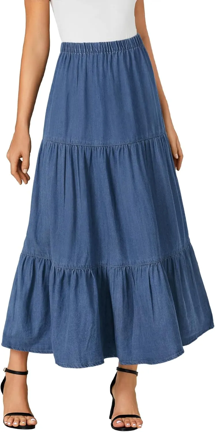 OPOIPIN Women's Elastic High Waist Tiered Ruffle A Line Swing Denim Long Skirt